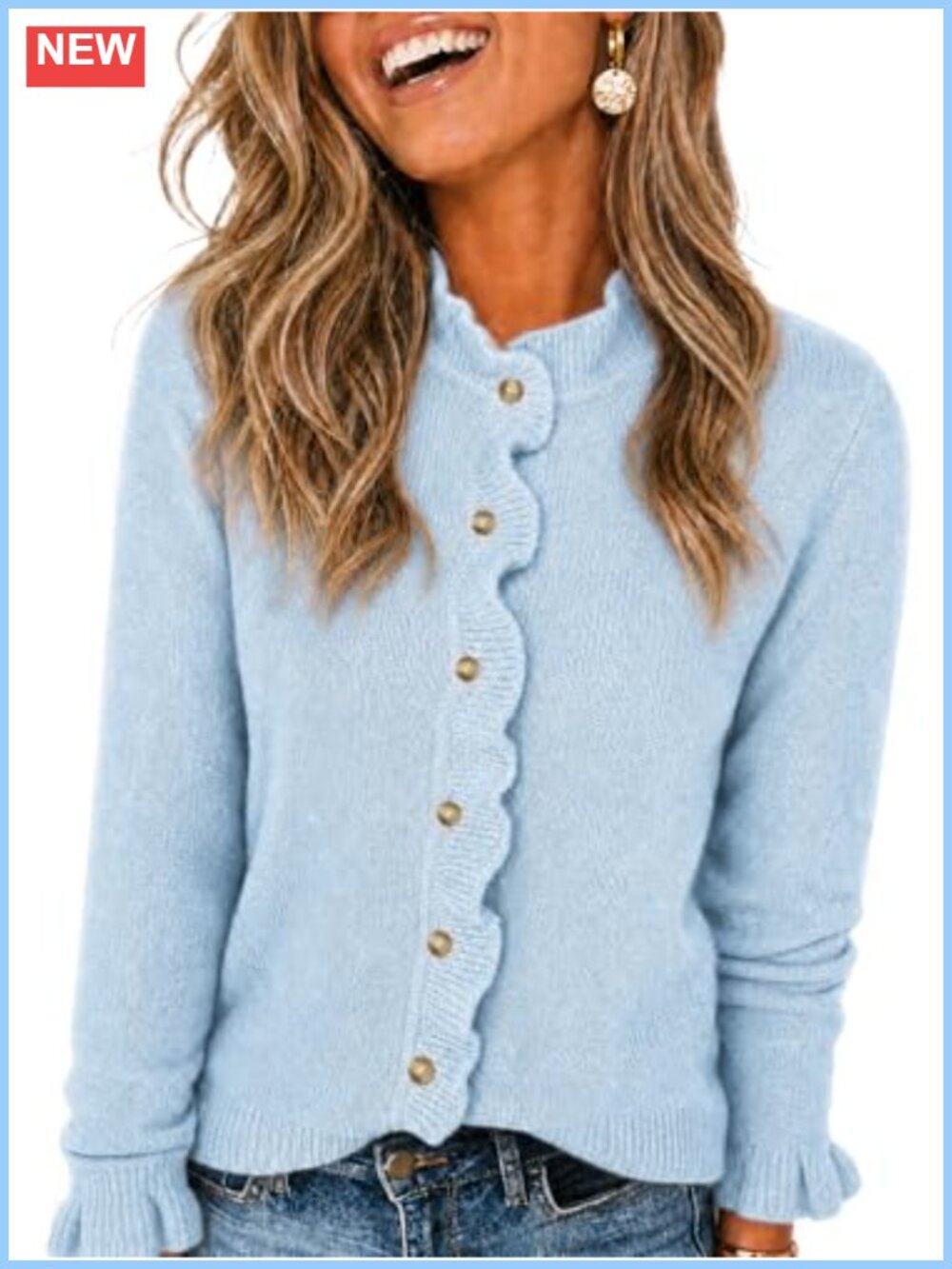 Womens Ruffle Cardigan Sweater Button Down Knit Long Sleeve Casual